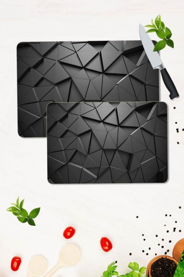 2 li Takım 30x40 cm ve 20x30 cm Siyah Üçgenler Desenli Cam Kesim Tablası ve Ocak Koruma