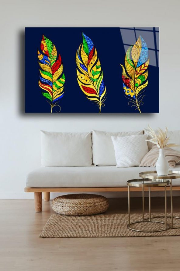 60 x 70 cm Sarı Tüy Desenli Cam Tablo 4mm Temperli Camdır