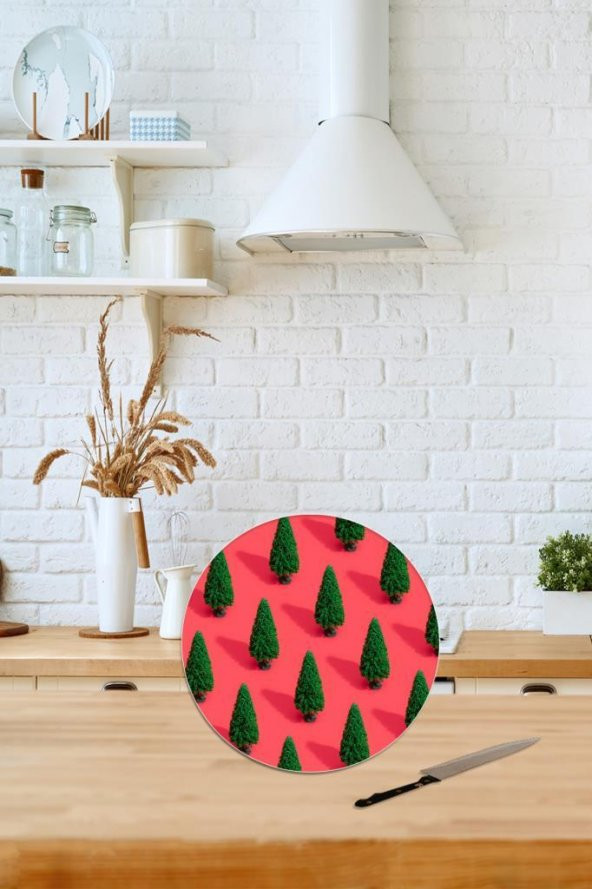 Çap 32 cm Çam Ağacı Desenli Cam Kesim Tablası - 1