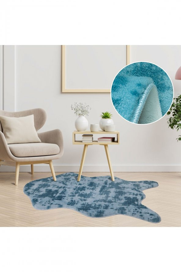 My Evilla Modern Dekoratif Halı Jel Kaymaz Taban Peluş Puffy Desenli Turkuaz Mavi  Post Halı - 1