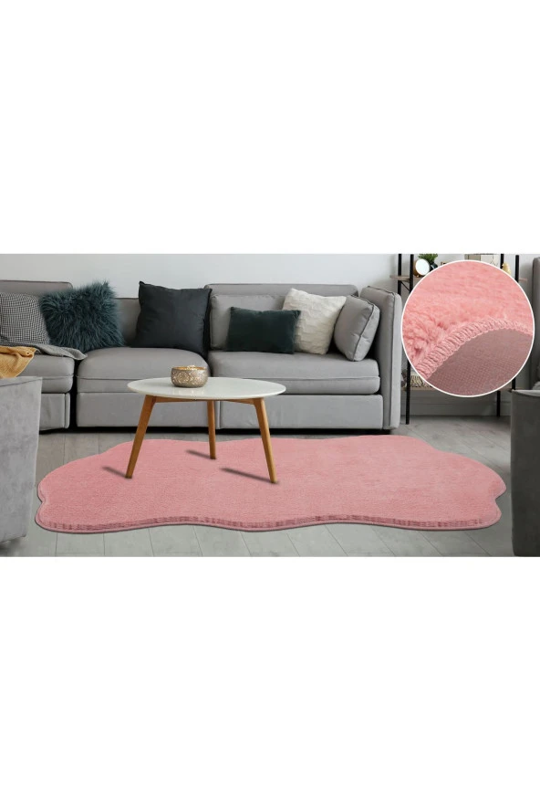 My Evilla Modern Dekoratif Halı Jel Kaymaz Taban  Peluş  Puffy Pembe Post Halı 01