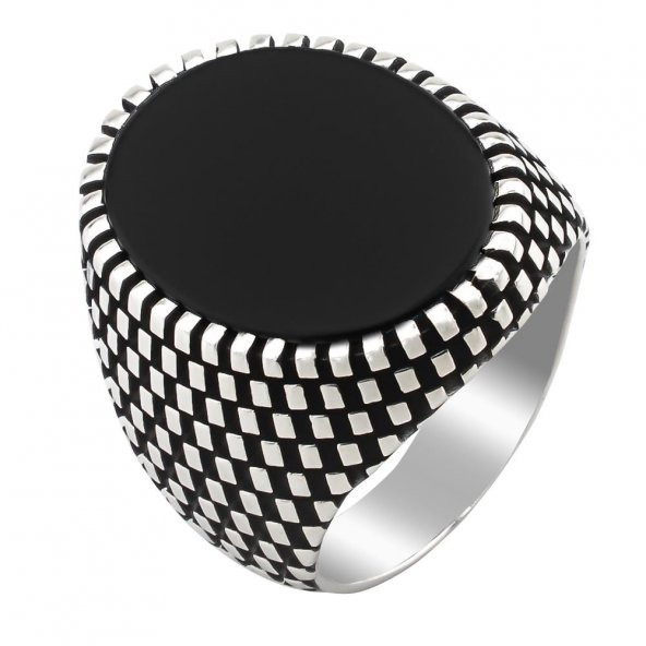 Siyah Oniks Taşlı Desenli 925 Ayar Gümüş Yüzük - Resim 3