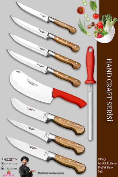 Lazbisa Hand Craft Pro Serisi Mutfak Bıçak Seti 9 Parça Et Ekmek Sebze Salata Börek Pide Bıçağı (MFP-749)