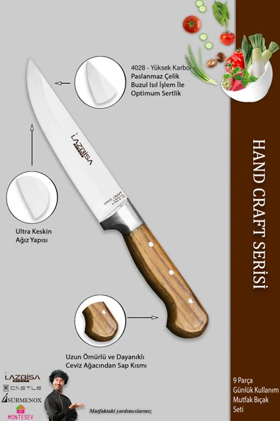 Lazbisa Hand Craft Pro Serisi Mutfak Bıçak Seti 9 Parça Et Ekmek Sebze Salata Börek Pide Bıçağı (MFP-749) - Resim 4