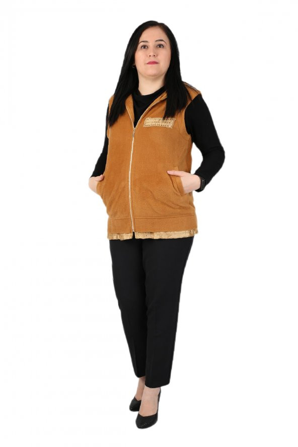Fierte Kadın Büyük Beden Yelek Lm37131 Sabit Kapüşon Fermuar Kapama Spor Cep Polar Hardal Camel - 2