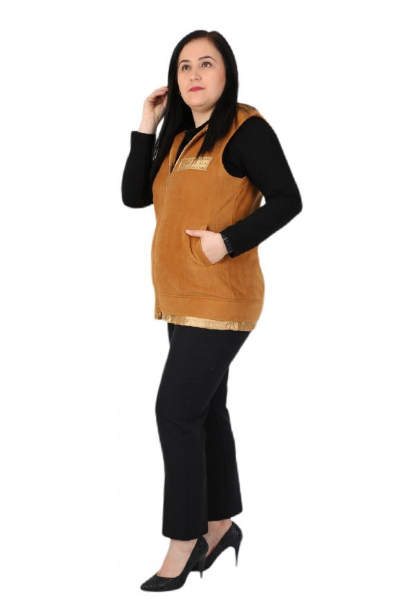 Fierte Kadın Büyük Beden Yelek Lm37131 Sabit Kapüşon Fermuar Kapama Spor Cep Polar Hardal Camel - 3