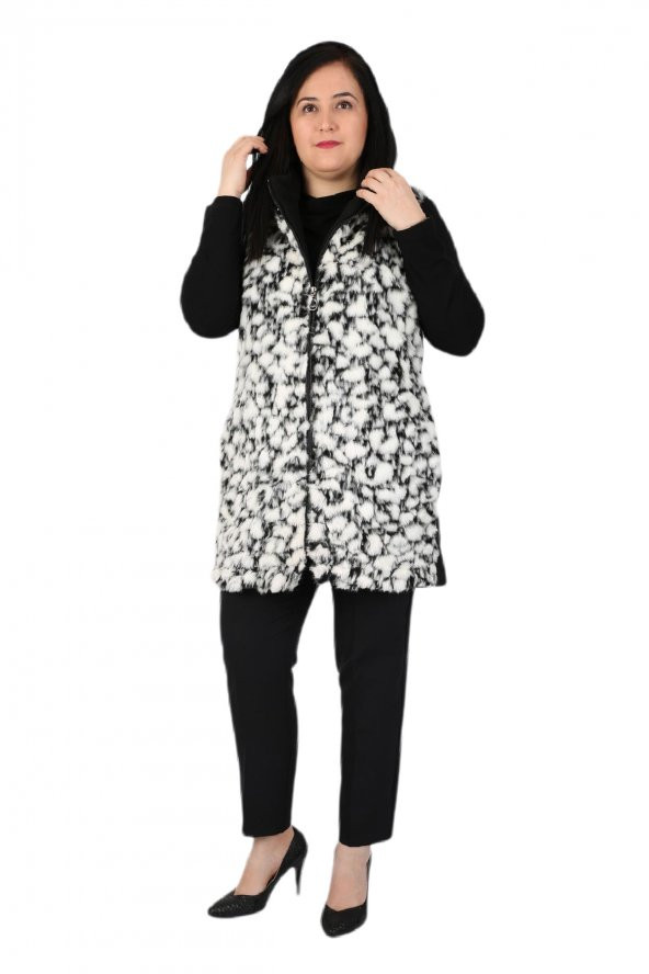 Fierte Kadın Büyük Beden Yelek Ay61923 Çıkabilen Kapüşon Fermuar Kapama Spor Cep Ön Pelüş Kürk Arka Kaşe Kolsuz Siyah Desenli - 3