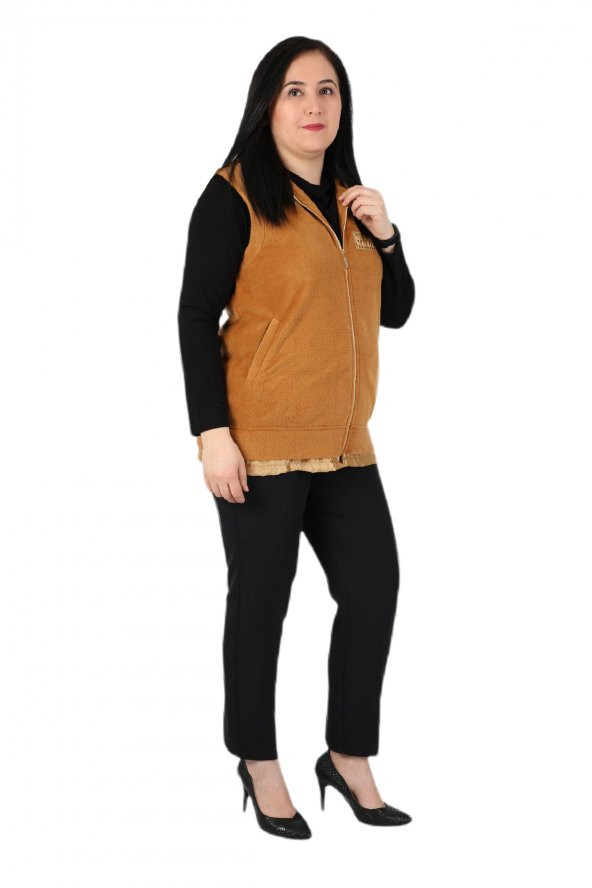 Fierte Kadın Büyük Beden Yelek Lm37131 Sabit Kapüşon Fermuar Kapama Spor Cep Polar Hardal Camel - 4