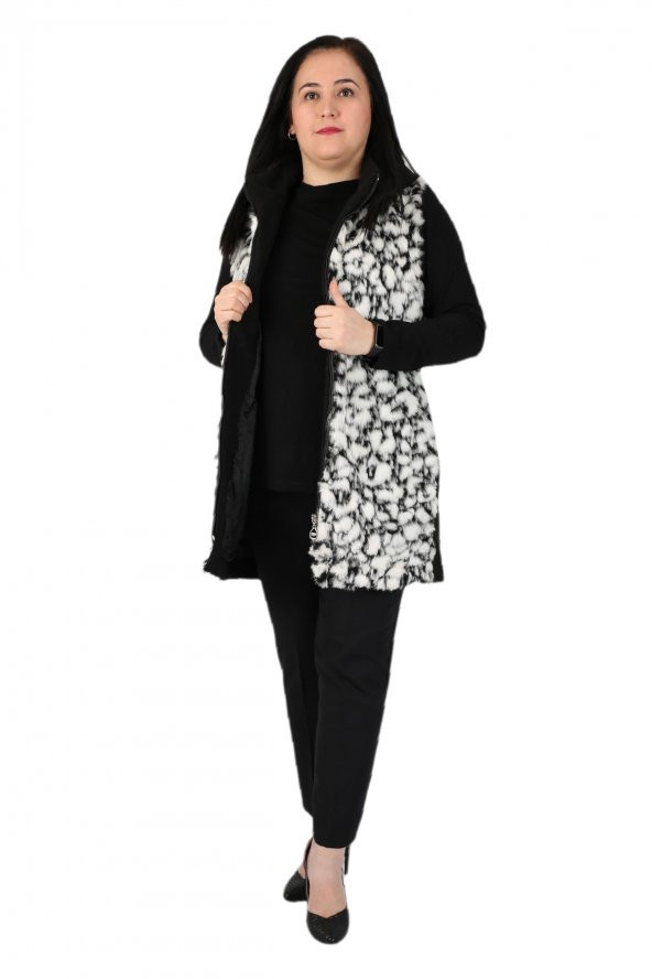 Fierte Kadın Büyük Beden Yelek Ay61923 Çıkabilen Kapüşon Fermuar Kapama Spor Cep Ön Pelüş Kürk Arka Kaşe Kolsuz Siyah Desenli - 4