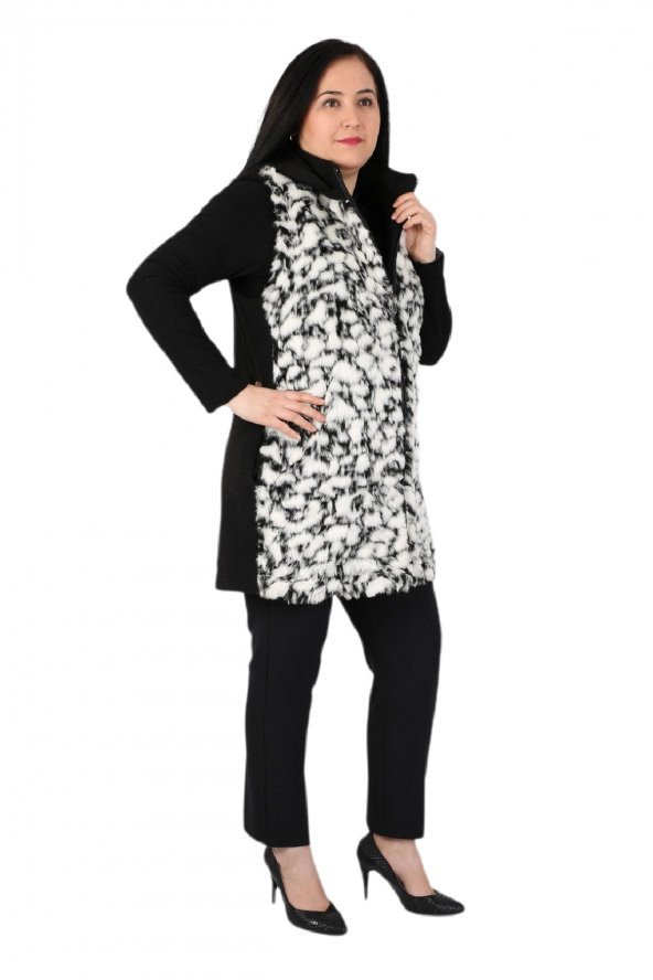Fierte Kadın Büyük Beden Yelek Ay61923 Çıkabilen Kapüşon Fermuar Kapama Spor Cep Ön Pelüş Kürk Arka Kaşe Kolsuz Siyah Desenli - 5