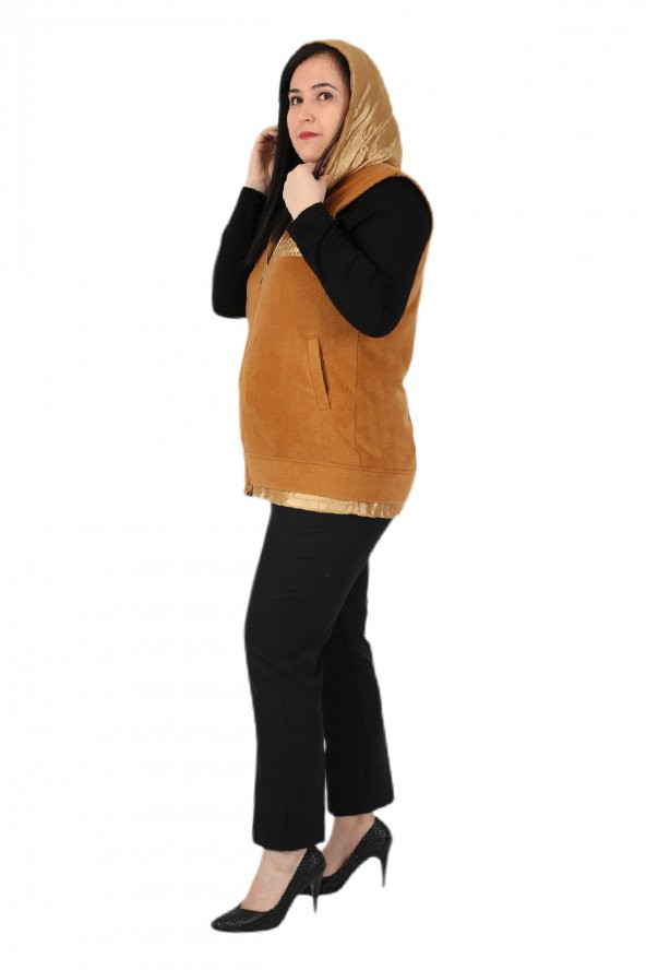 Fierte Kadın Büyük Beden Yelek Lm37131 Sabit Kapüşon Fermuar Kapama Spor Cep Polar Hardal Camel - 6