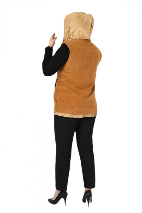 Fierte Kadın Büyük Beden Yelek Lm37131 Sabit Kapüşon Fermuar Kapama Spor Cep Polar Hardal Camel - 7