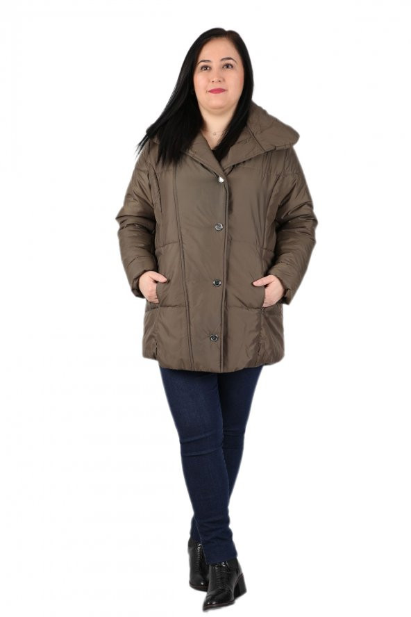 Fierte Kadın Büyük Beden Kaban Cbn20416 Kapüşon Fermuar Kapama Şişme - 7