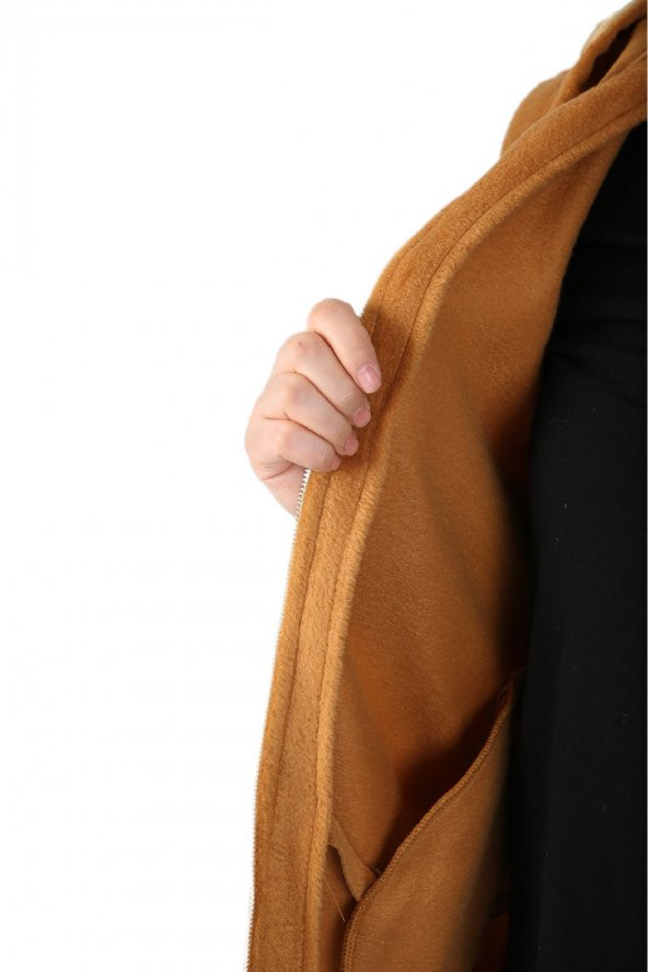 Fierte Kadın Büyük Beden Yelek Lm37131 Sabit Kapüşon Fermuar Kapama Spor Cep Polar Hardal Camel - 8