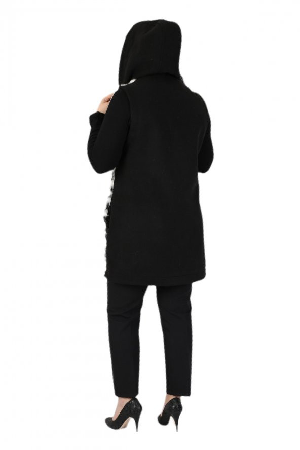 Fierte Kadın Büyük Beden Yelek Ay61923 Çıkabilen Kapüşon Fermuar Kapama Spor Cep Ön Pelüş Kürk Arka Kaşe Kolsuz Siyah Desenli - 8