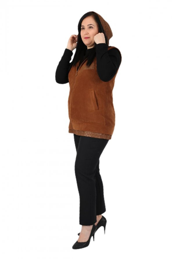 Fierte Kadın Büyük Beden Yelek Lm37131 Sabit Kapüşon Fermuar Kapama Spor Cep Polar Hardal Camel - 9
