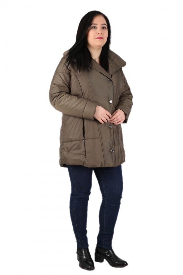 Fierte Kadın Büyük Beden Kaban Cbn20416 Kapüşon Fermuar Kapama Şişme - 9