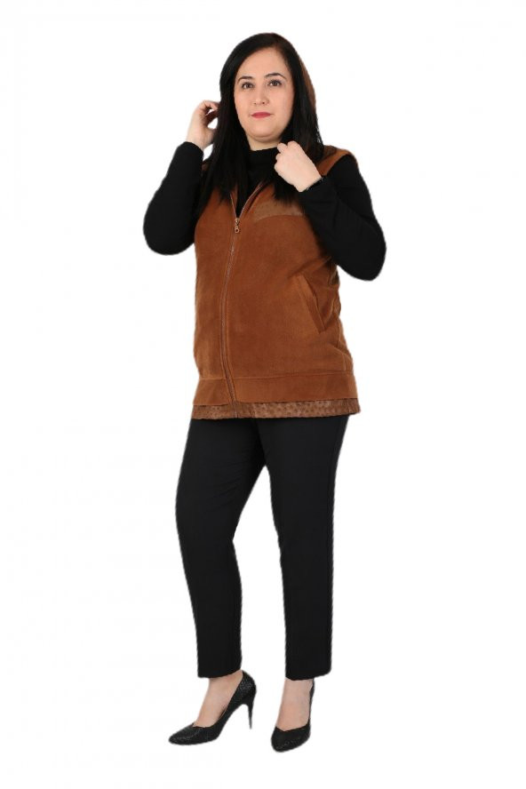 Fierte Kadın Büyük Beden Yelek Lm37131 Sabit Kapüşon Fermuar Kapama Spor Cep Polar Hardal Camel - 11