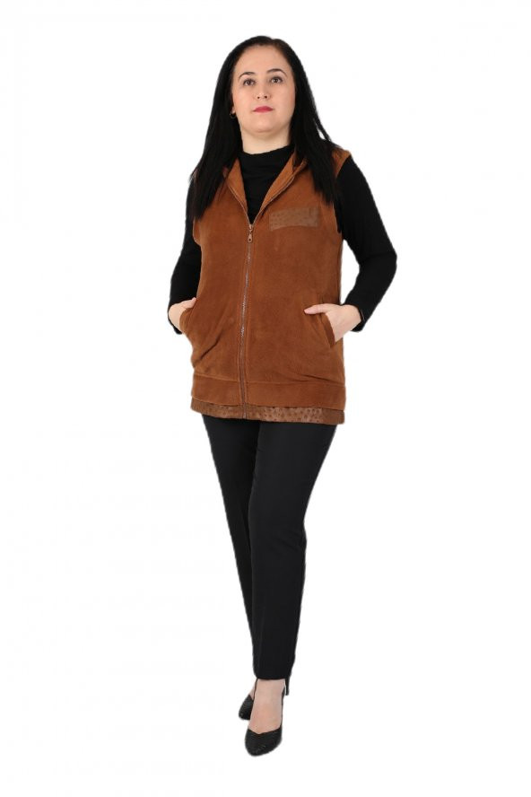 Fierte Kadın Büyük Beden Yelek Lm37131 Sabit Kapüşon Fermuar Kapama Spor Cep Polar Hardal Camel - 12