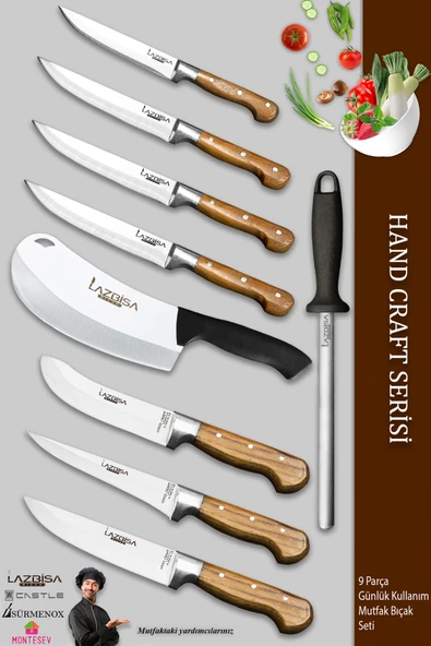 Lazbisa Hand Craft Pro Serisi Mutfak Bıçak Seti 9 Parça Et Ekmek Sebze Salata Börek Bıçağı (MFP-386)