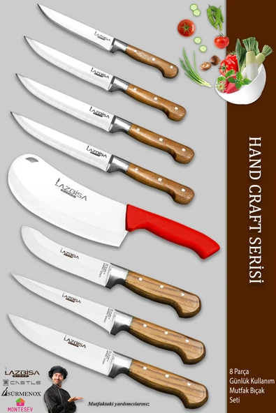 Lazbisa Hand Craft Pro Serisi Mutfak Bıçak Seti 8 Parça Et Ekmek Sebze Salata Börek Pide Bıçağı (MFP-124)