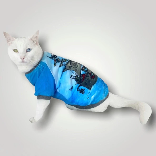Pirate Blue Oval Yaka Tişört Kedi Kıyafeti - 2