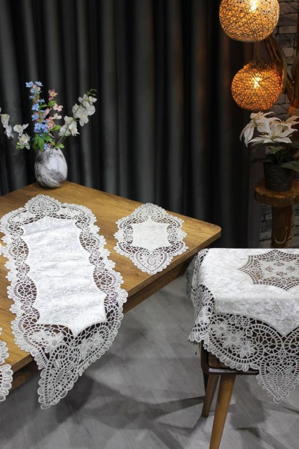 Suman Kordone Lüx Kadife Nakışlı 5 Parça Salon Takımı Siyah Platin - 9