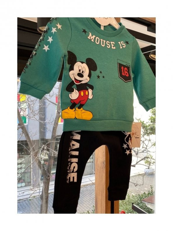 Pamuklu Yeşil Mickey Mouse Desenli Pijama Takımı