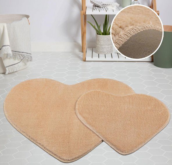 My Evilla Modern Dekoratif Halı Jel Kaymaz Taban Peluş Puffy Kalp Model Cappıcıno  Paspas Takımı 70x100-70x60