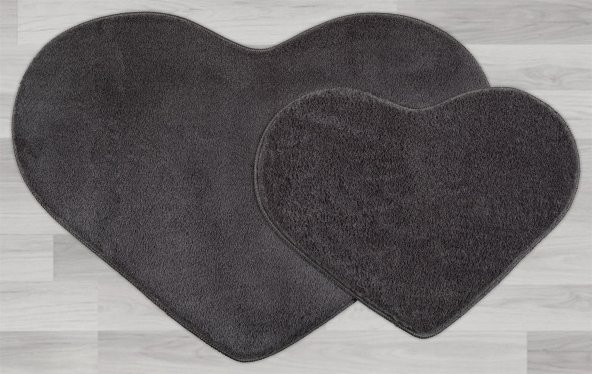 My Evilla Modern Dekoratif Halı Jel Kaymaz Taban Peluş Puffy Kalp Model Antrasit  Paspas Takımı 70x100-70x60 - 2