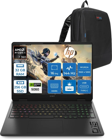 Hp Omen Gaming Amd RyzenTM Aı 7 350 32GB Ddr5 256GB SSD 16 Inch