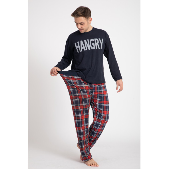 Erkek Pijama Takımı Beli Ribanalı Ekose Desen Hangry Baskılı Takım Tampap
