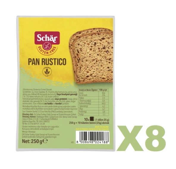 Schar Pan Rustico Glutensiz Lifli Ekmek 250 gr 8 Adet