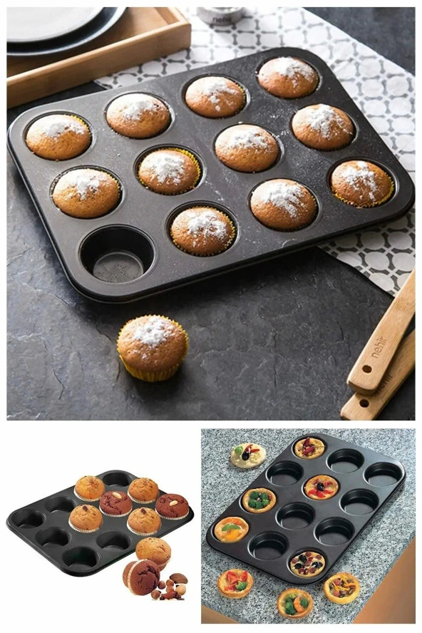 12 Bölmeli Yanmaz Ve Yapışmaz Kek Kapsülü Yapışmaz Mini Tart Kek Kapsülü Muffin Ekler Kalıbı 35-27 cm