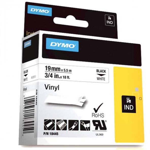 Dymo Rhino Pro Etiketi Renkli Vinil 19 MMx5,5 MT Beyaz Üzerine Siyah 18445 ürün görseli 1