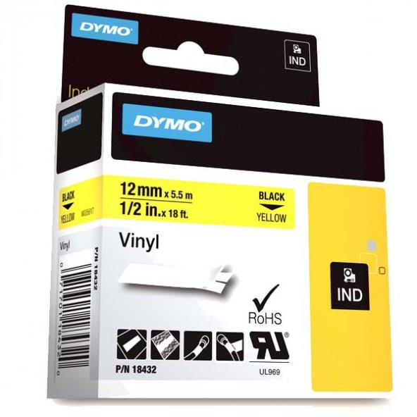 Dymo Rhino Pro Etiketi Renkli Vinil 12 MMx5.5 MT Sarı Üzerine Siyah 18432 - 2