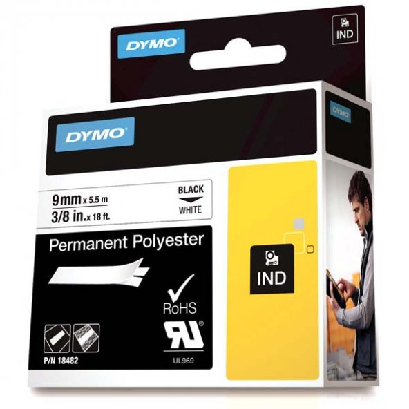 Dymo Rhinopro Sabitpolyster Şerit 9 MMx5.5 M Beyaz/Siyah 18482 - 2