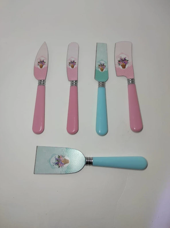 5 Parça Dekoratif Çiçek Desenli Mini Pasta Bıçak Seti Sürme,Kesme,Spatula,Peynir Bıçağı