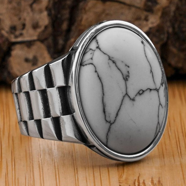 Beyaz Firuze Taşlı Saat Kordon Tasarımlı Gümüş Erkek Yüzük