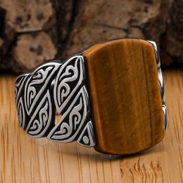 Kaplan Gözü Taşlı Örgü Desenli 925 Ayar Gümüş Yüzük ürün görseli