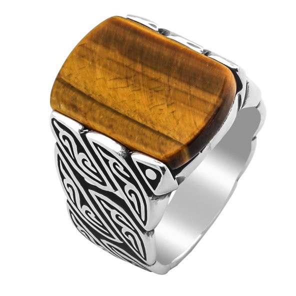 Kaplan Gözü Taşlı Örgü Desenli 925 Ayar Gümüş Yüzük - Resim 3