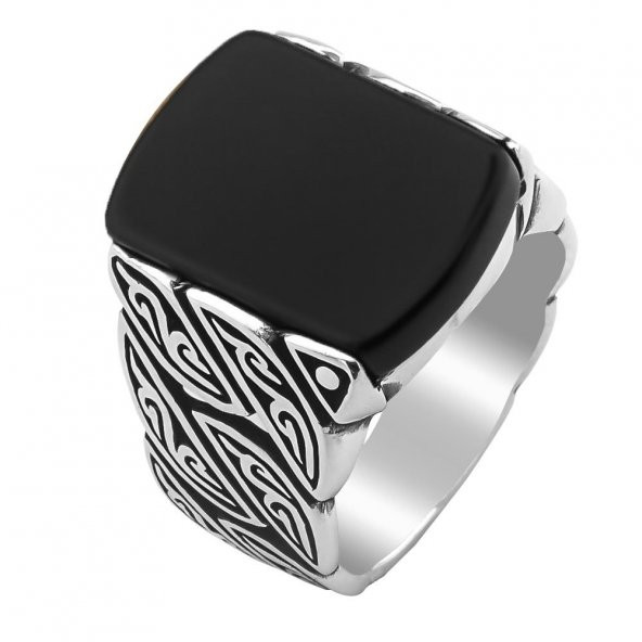 Siyah Oniks Taşlı Örgü Desenli 925 Ayar Gümüş Yüzük - Resim 3