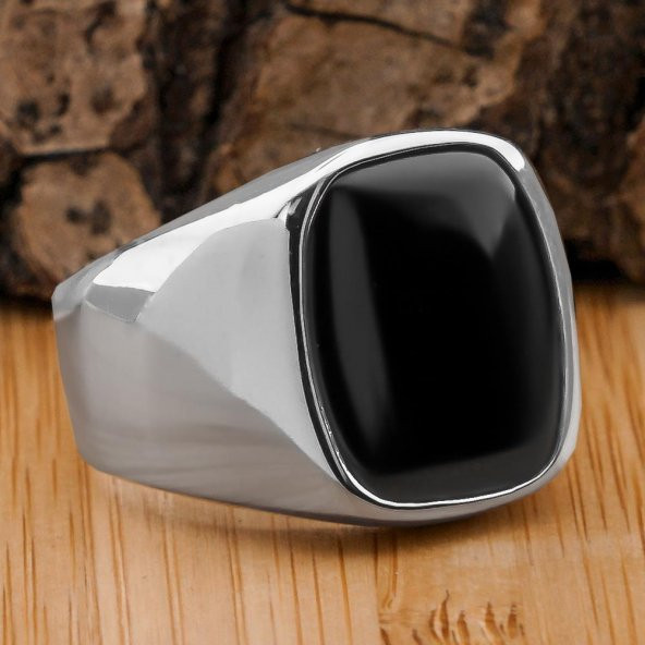 Siyah Oniks Taşlı Parlak 925 Ayar Gümüş Yüzük ürün görseli