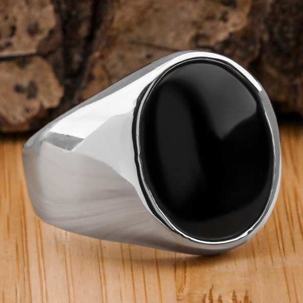 Siyah Oval Oniks Taşlı Parlak 925 Ayar Gümüş Yüzük ürün görseli 1