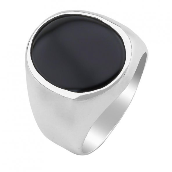 Siyah Oval Oniks Taşlı Parlak 925 Ayar Gümüş Yüzük - Resim 3