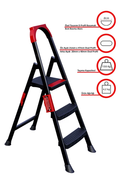 Ertekpa Anka Plus 2+1 Basamaklı Metal Siyah Merdiven