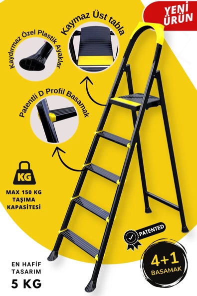 ERTEKPA Leo Siyah Merdiven 4+1 Metal Basamaklı