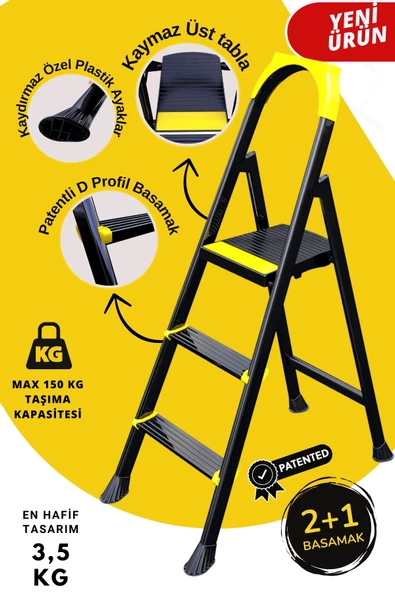 ERTEKPA Leo Siyah Merdiven 2+1 Metal Basamaklı