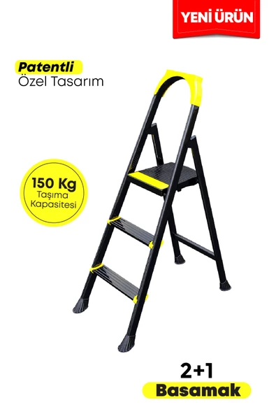 ERTEKPA Leo Siyah Merdiven 2+1 Metal Basamaklı - 2