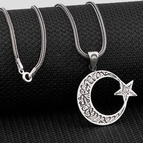 Kelimei Tevhid Yazılı Büyük Boy Ay Yıldız Tasarımlı 925 Ayar Gümüş Kolye - 2
